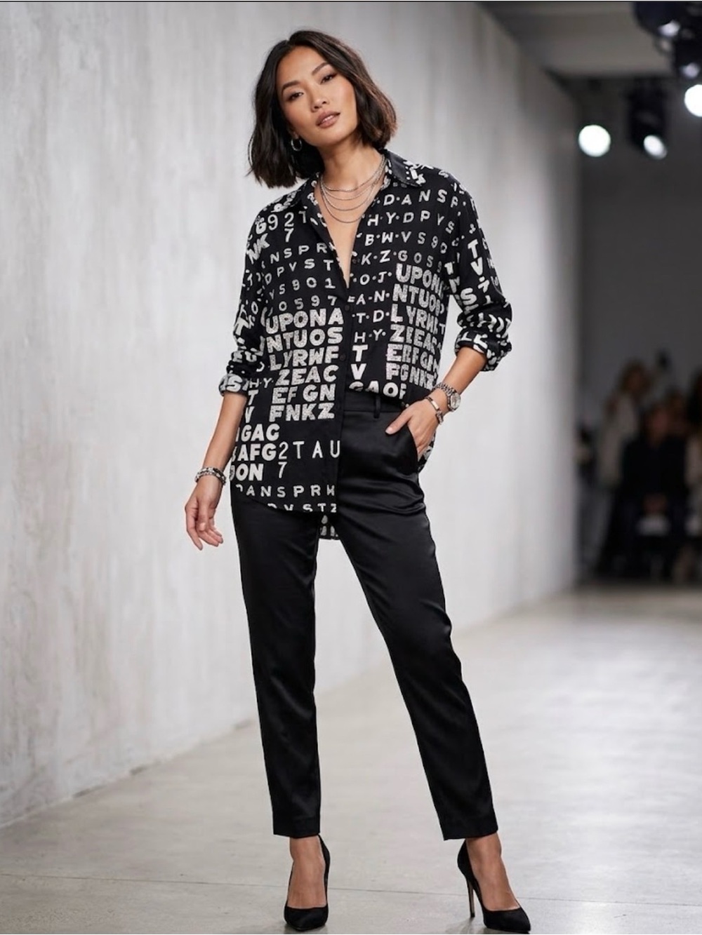 Graphic Letter-Print Black Button-Down Blouse